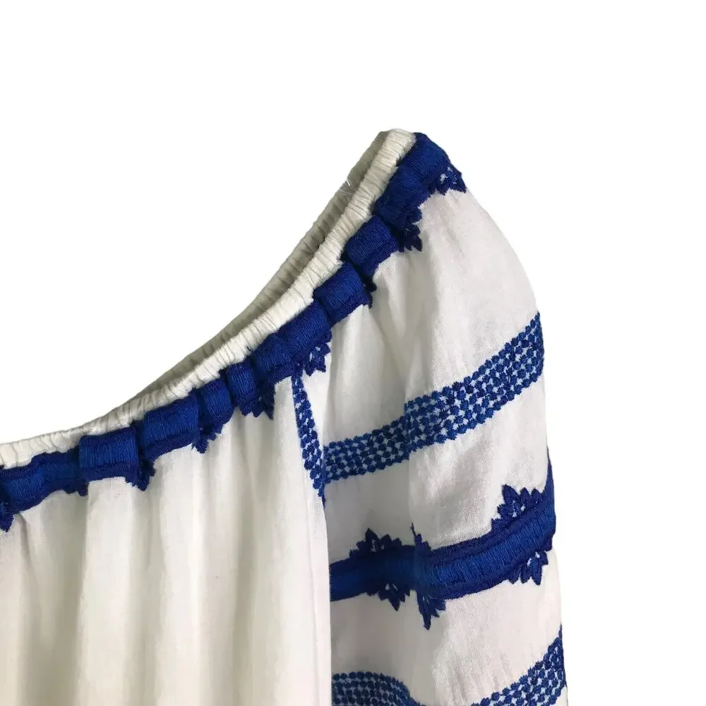 Love Sam Wns Boho Top White One Sz Embroidered Blue Floral‎ Elastic Off Shoulder